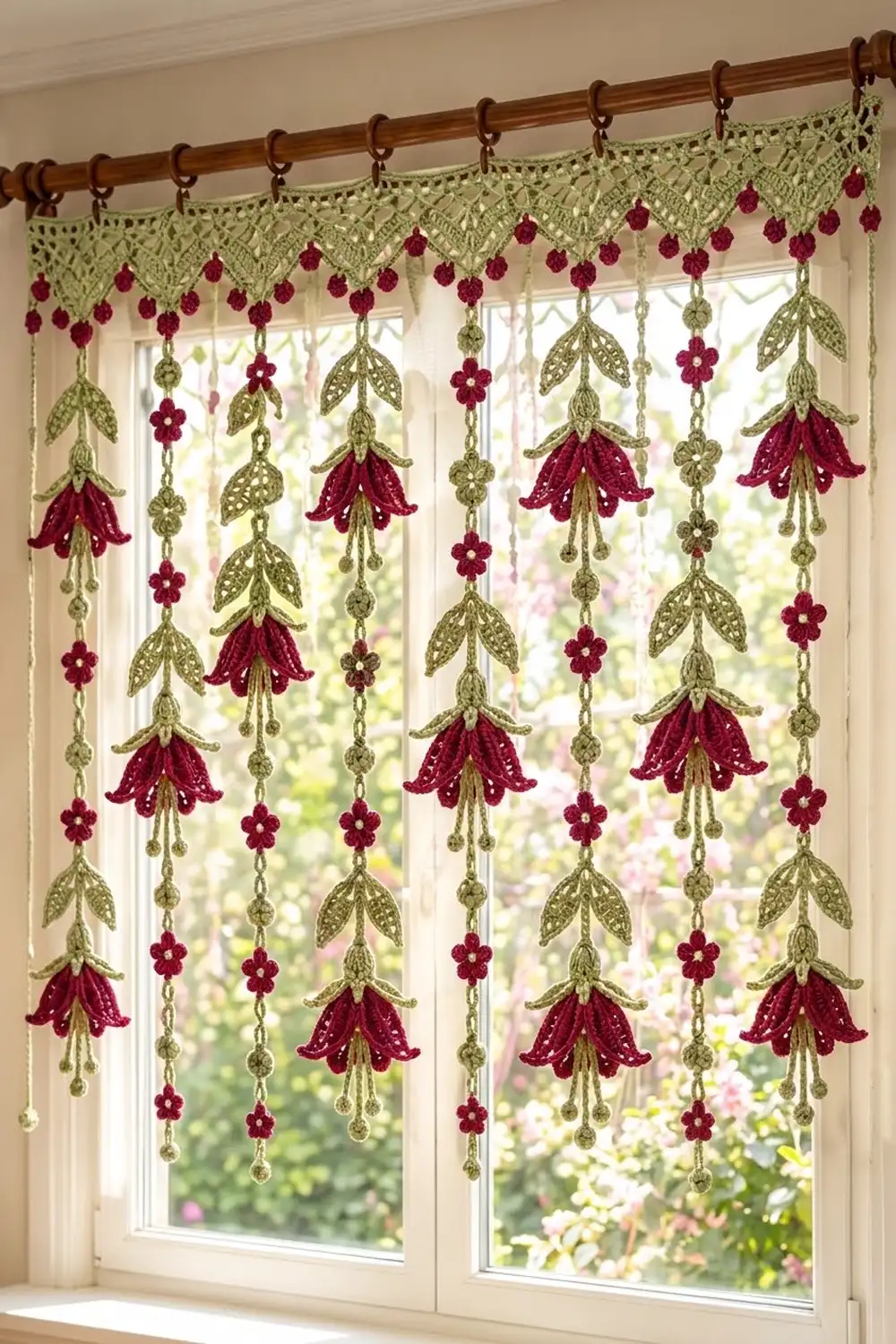 A crocheted window valance with burgundy flowers and green leaves hangs from a wooden rod above a sunlit window.