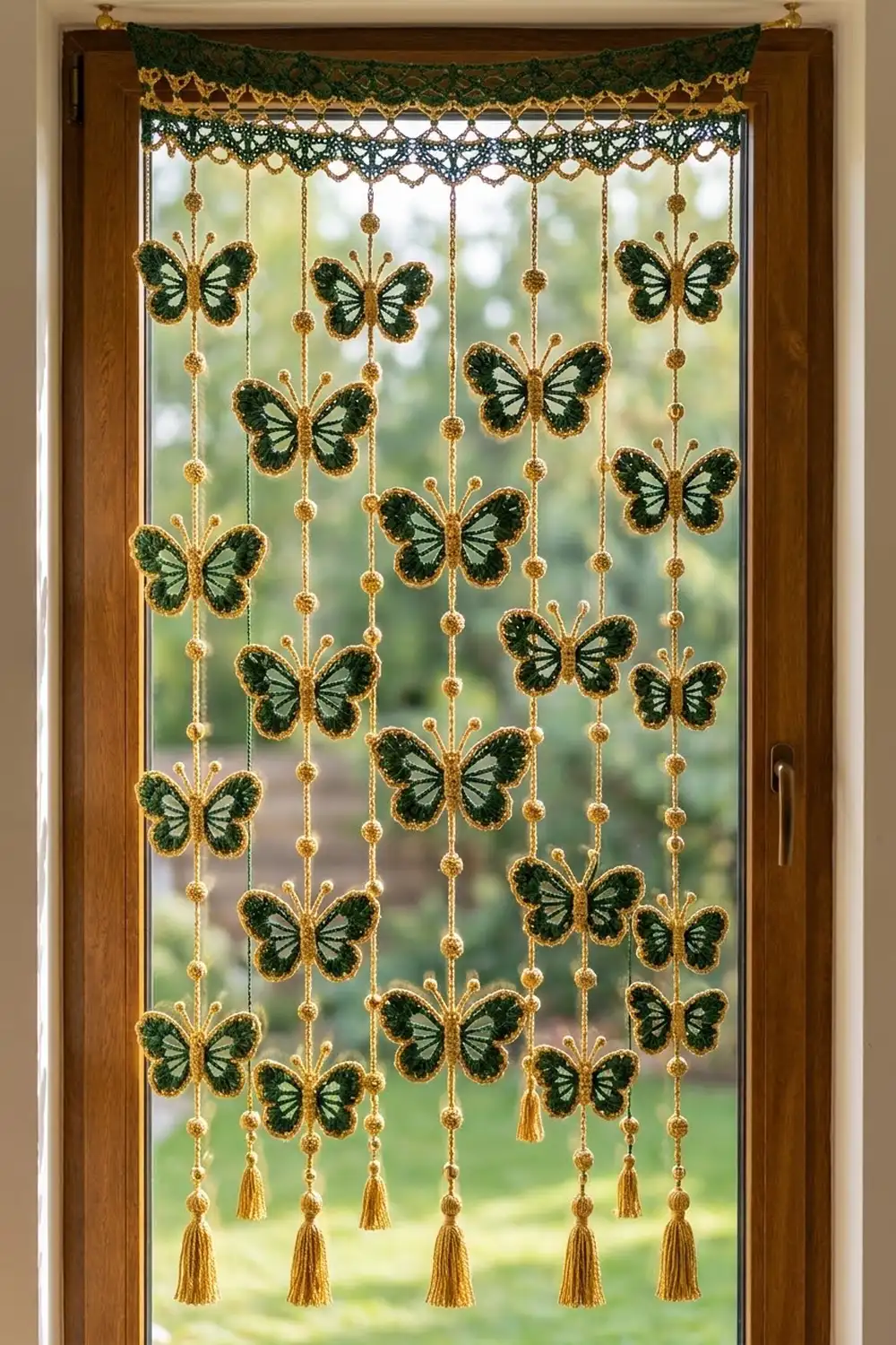 A decorative beaded curtain with green and gold embroidered butterflies hanging in a wooden door frame.