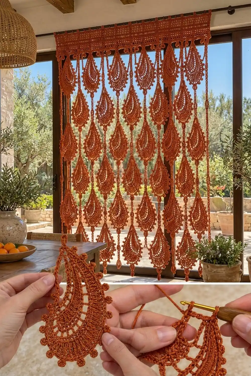 Crocheted rust-orange macramé curtain with teardrop patterns hanging on large windows overlooking a garden terrace.