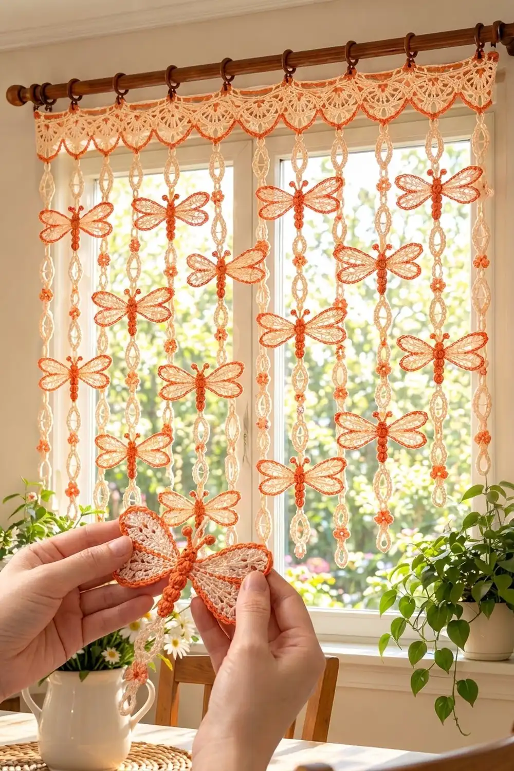 A person holding an orange crochet dragonfly in front of a lace curtain with matching dragonflies hanging in a sunny window.