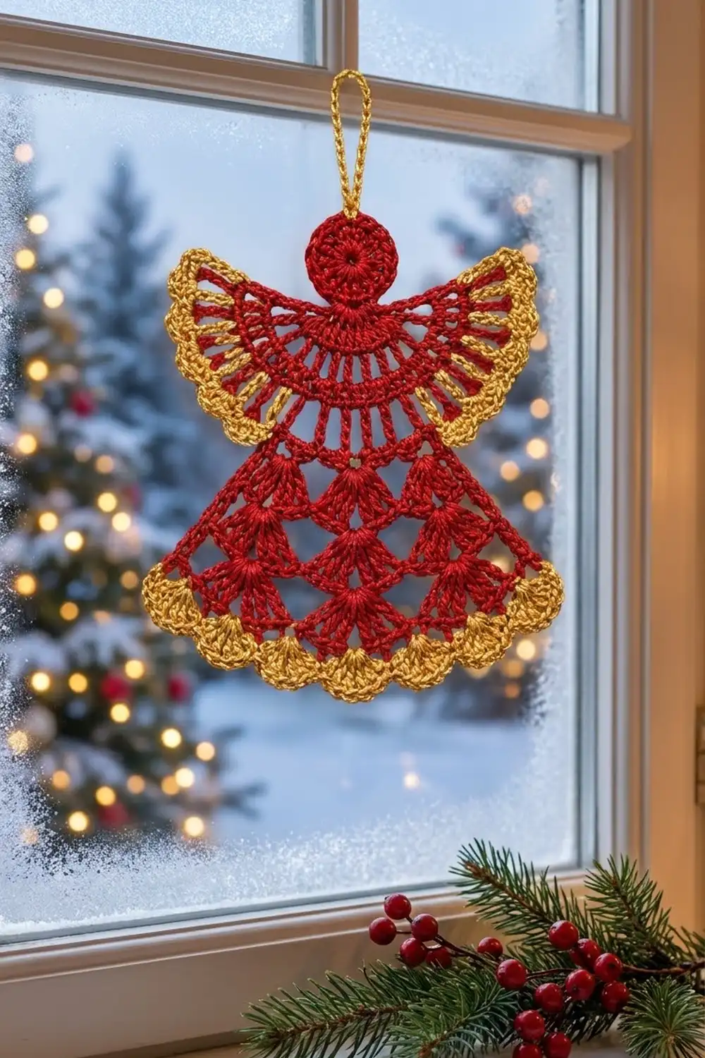 A crocheted red and gold angel ornament hangs on a frost-covered window above evergreen branches with red berries.