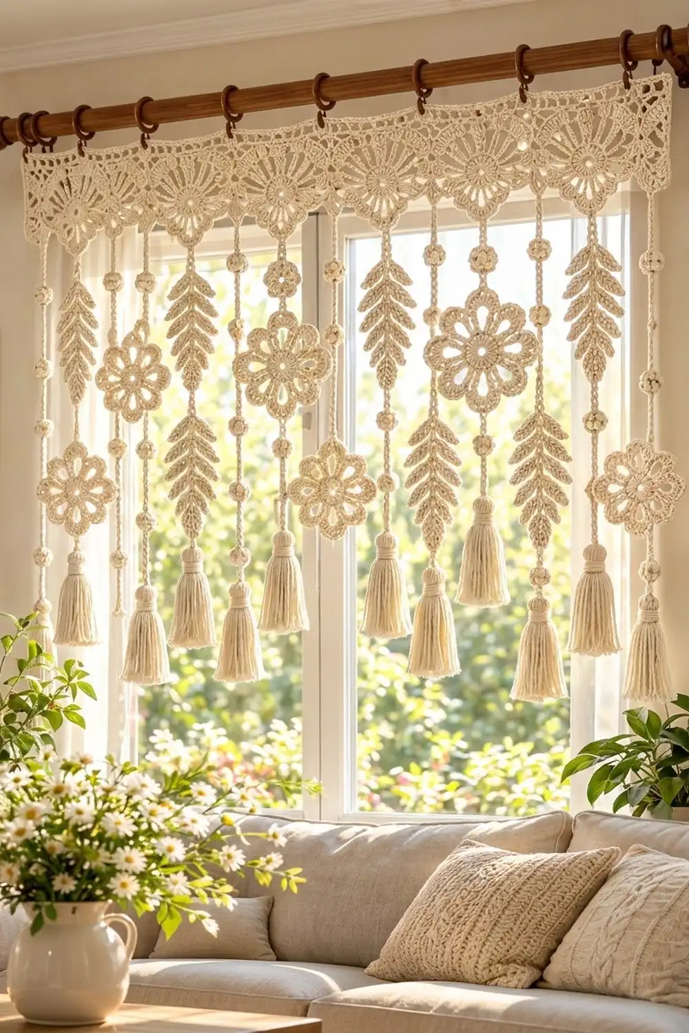 Cream crocheted macramé window valance with hanging flowers and tassels displayed on a wooden rod above a sunlit window.