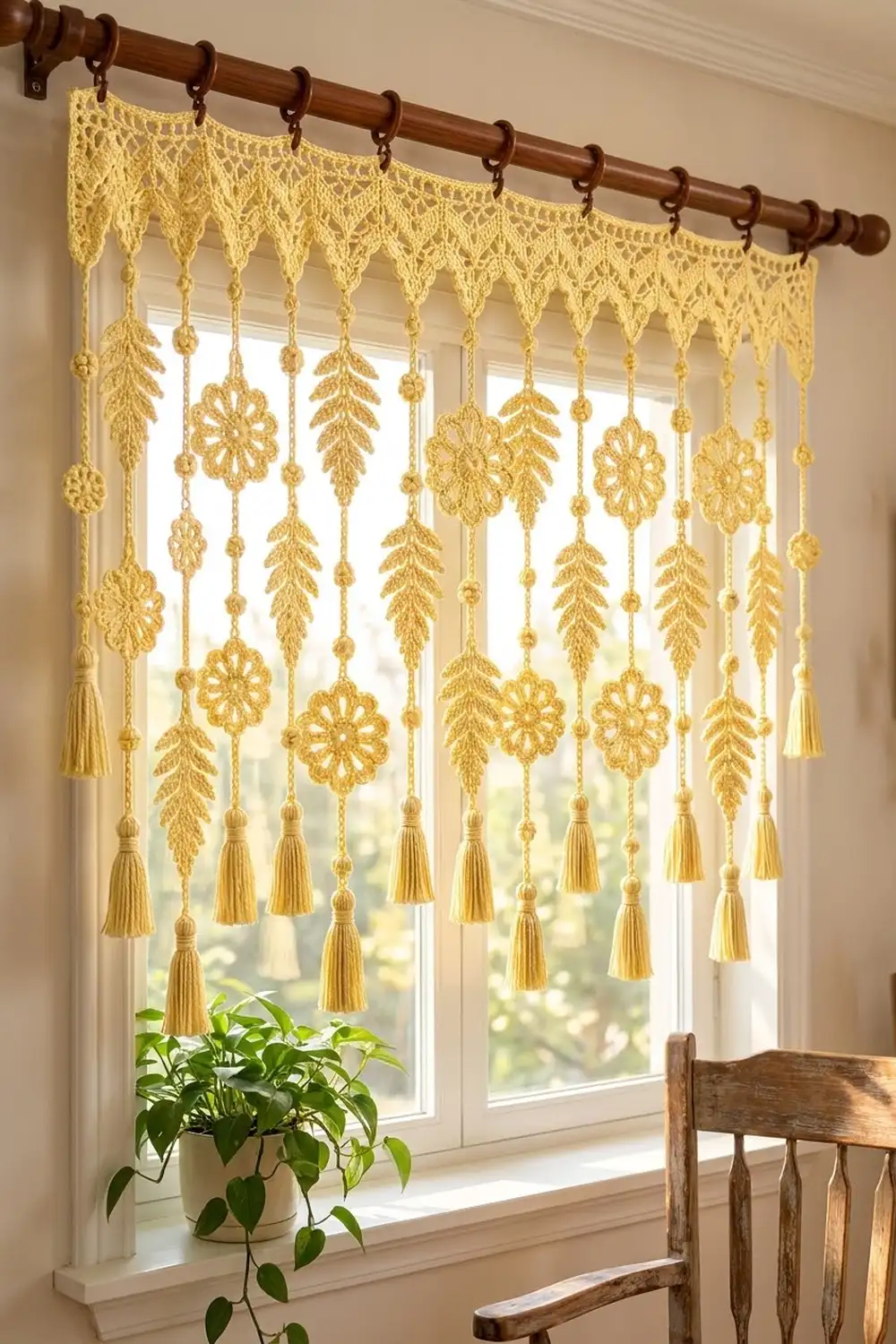 A golden macramé curtain with tassels hangs from a wooden rod above a bright window with a potted plant nearby.