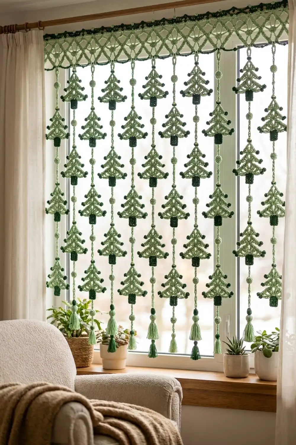 Green crocheted Christmas tree curtain hanging in window with potted plants and cream armchair below.
