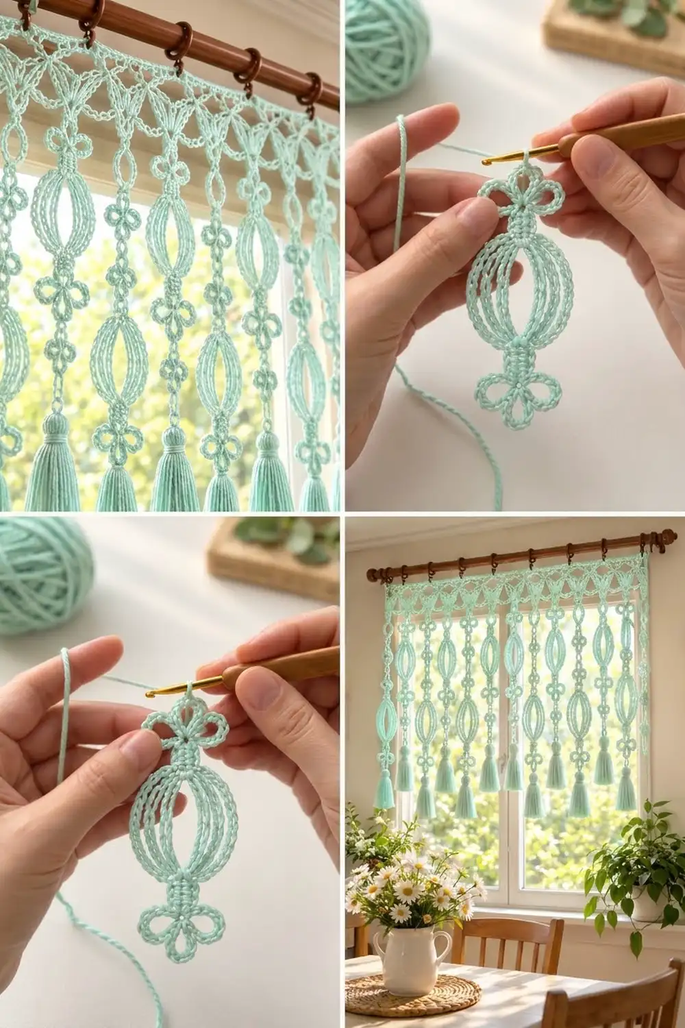 A mint green crocheted lace curtain with tassel details hanging on a wooden rod in a sunlit window.