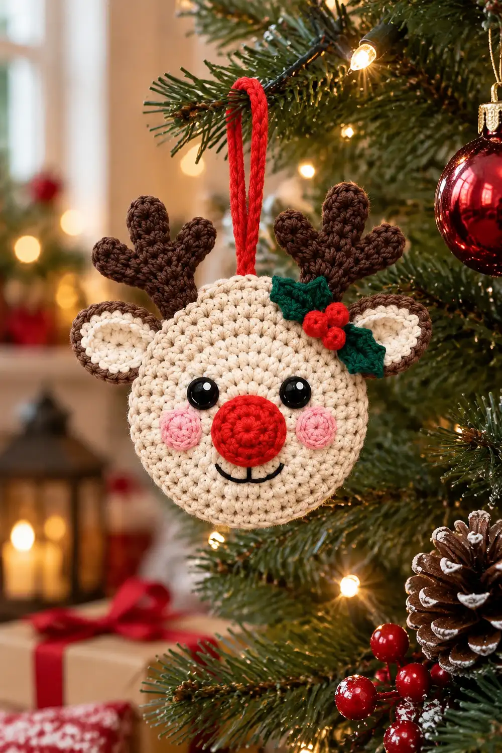 A crocheted reindeer ornament with cream body, brown antlers, and red nose hangs from a Christmas tree branch.