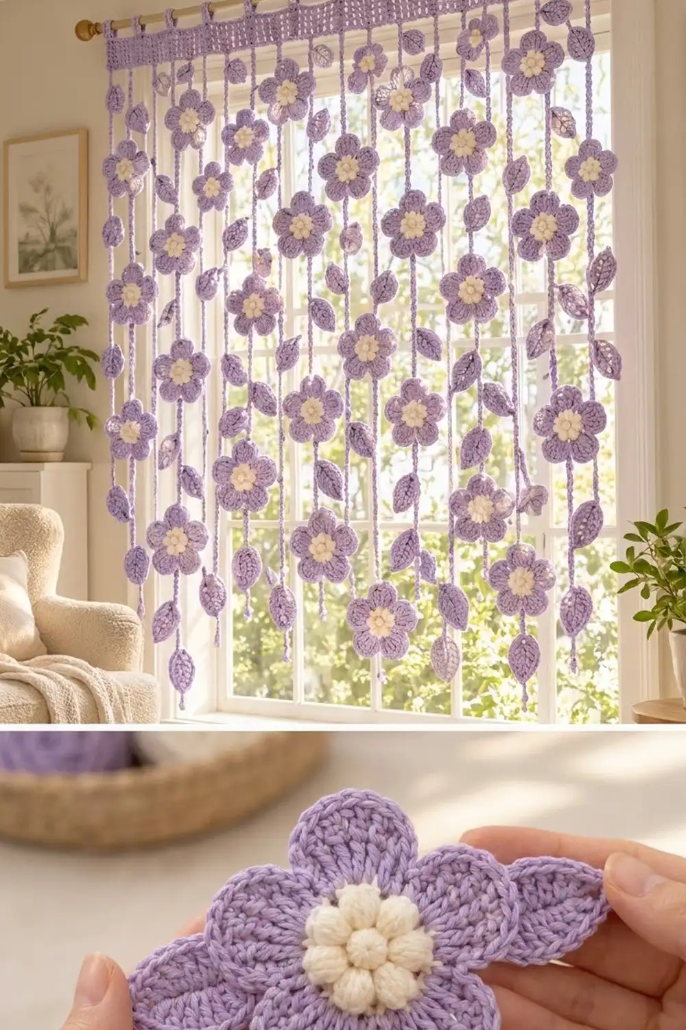 Purple and cream crocheted flower curtain hanging in sunlit window with potted plants beside it.