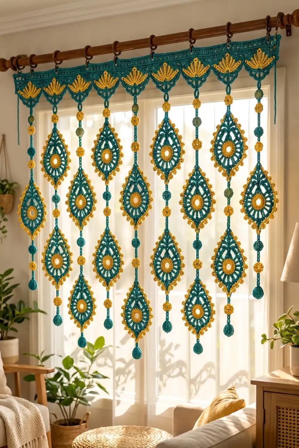 A teal and gold crocheted macramé window curtain with diamond-shaped patterns hangs from a wooden rod in a bright room.