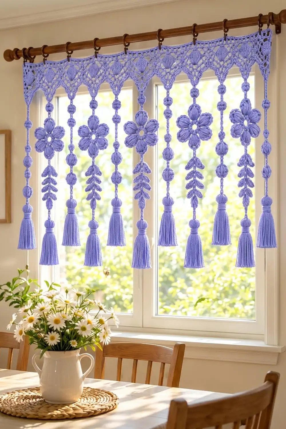 A lavender macramé curtain with beaded flowers and tassels hangs above a window beside white daisies.