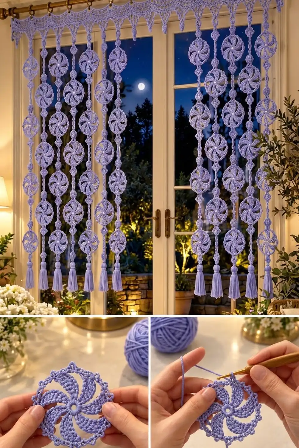 Lavender crocheted lace curtains with pinwheel motifs hang on French doors overlooking a moonlit garden at night.