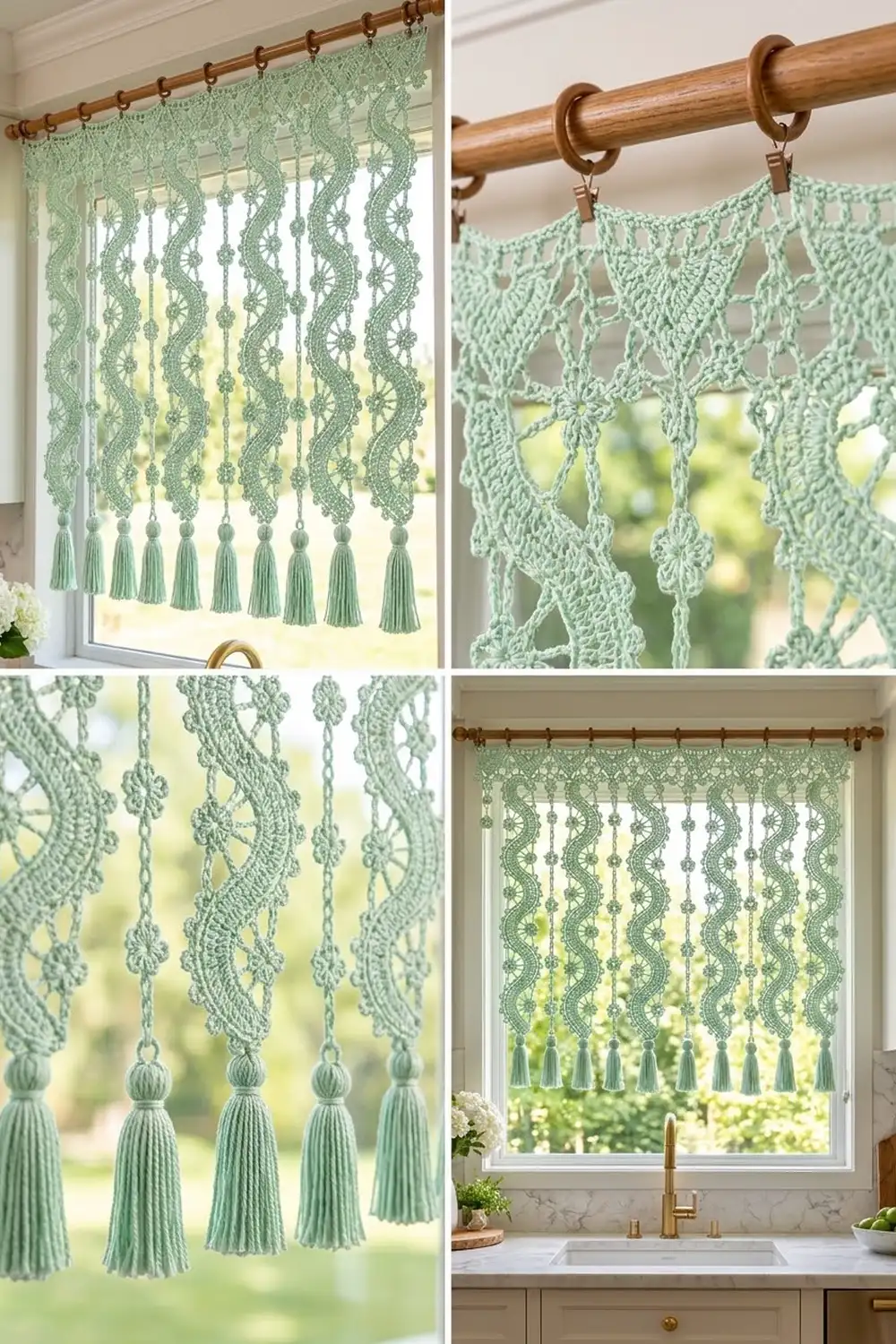 Mint green lace macramé curtain with tassels displayed on wooden rod above a kitchen sink window.