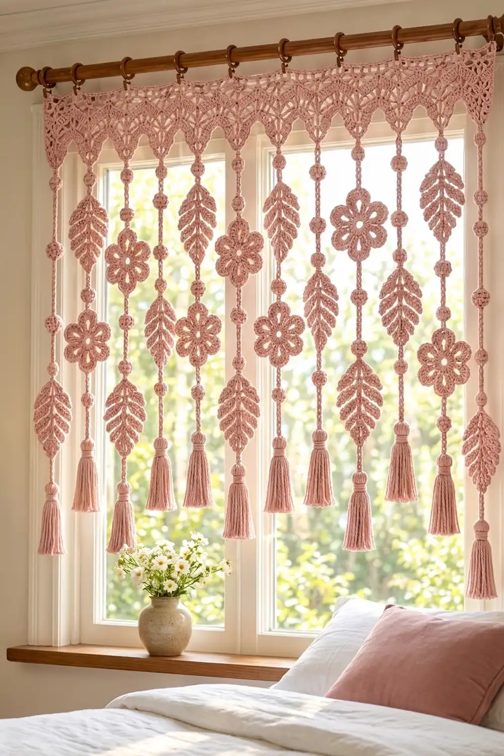A delicate pink crocheted macramé curtain with leaf and flower motifs hangs above a bedroom window beside fresh flowers.