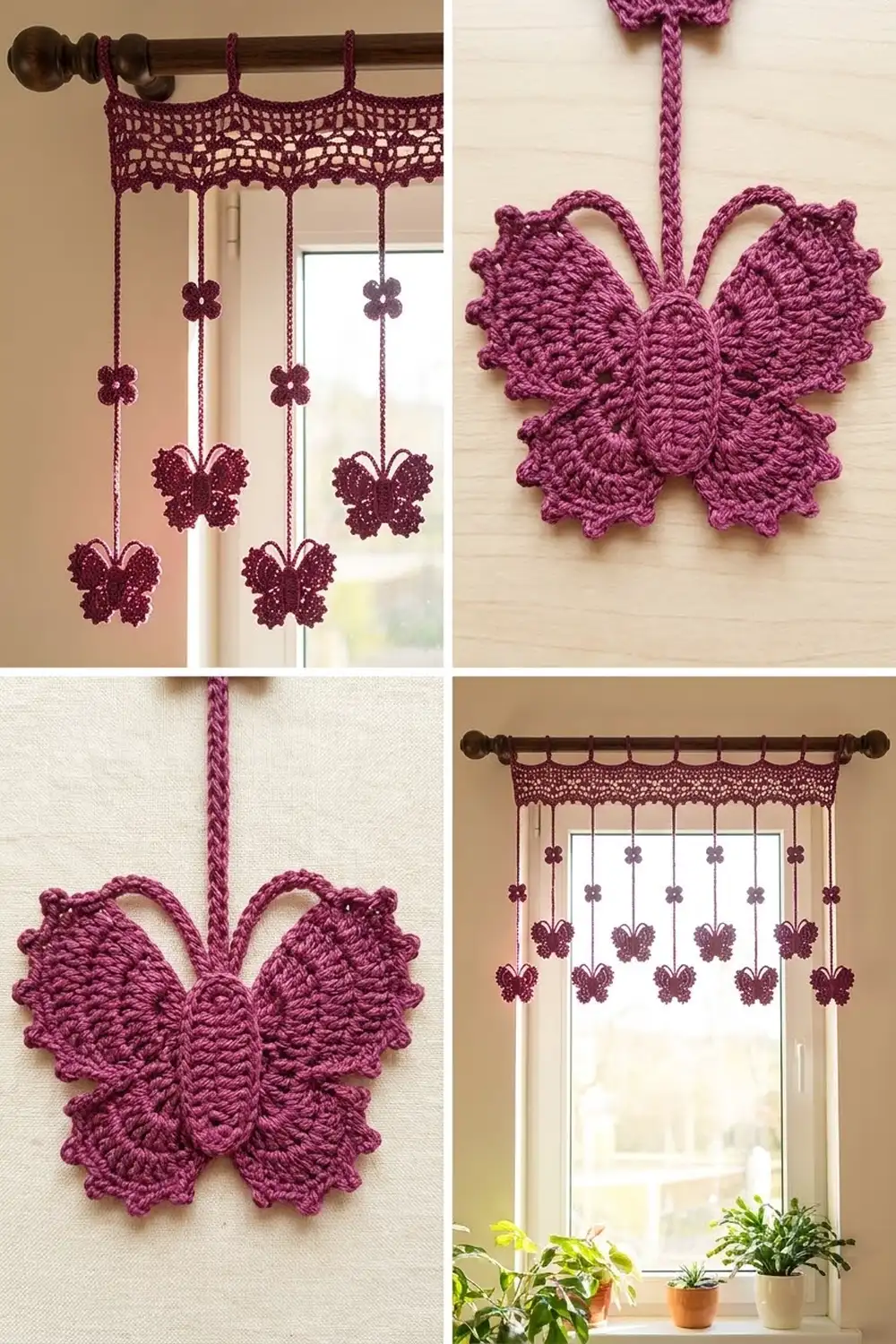 Crocheted burgundy butterfly ornaments and lace valance hanging in a window above potted plants.