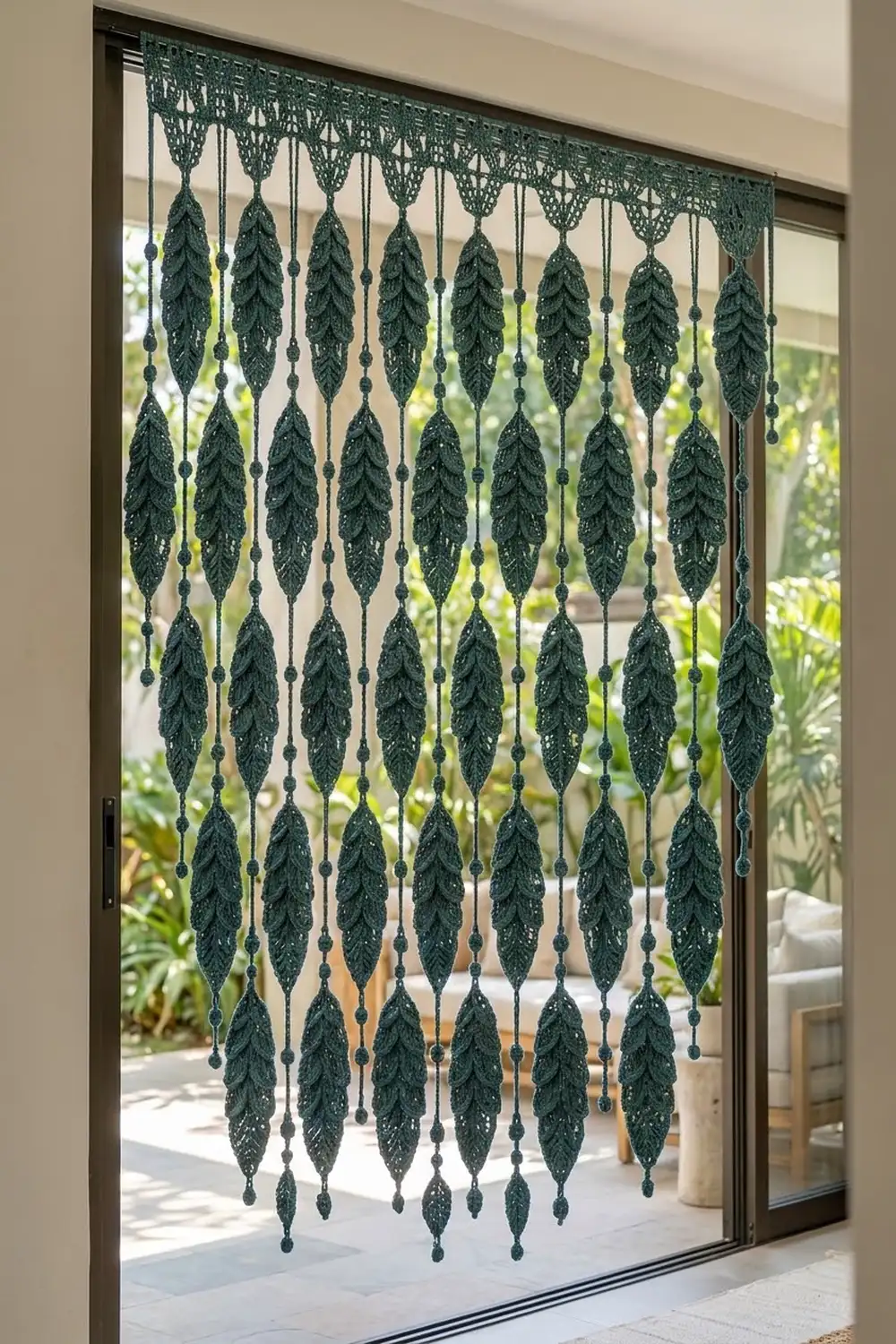 A green beaded leaf curtain hangs in a glass doorway, filtering light to an outdoor patio area.
