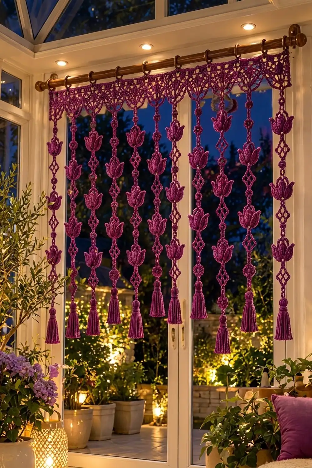 Purple beaded macramé curtain with lotus flower charms and tassels hanging in illuminated doorway.