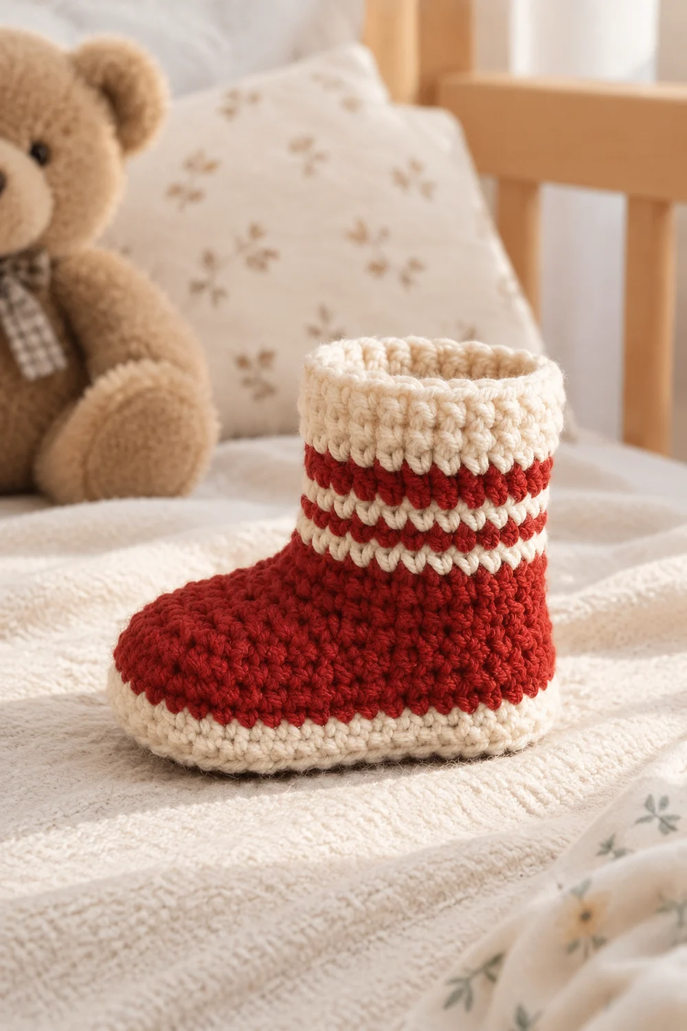 A red and cream crocheted baby bootie sits on a beige crib bedding next to a teddy bear.