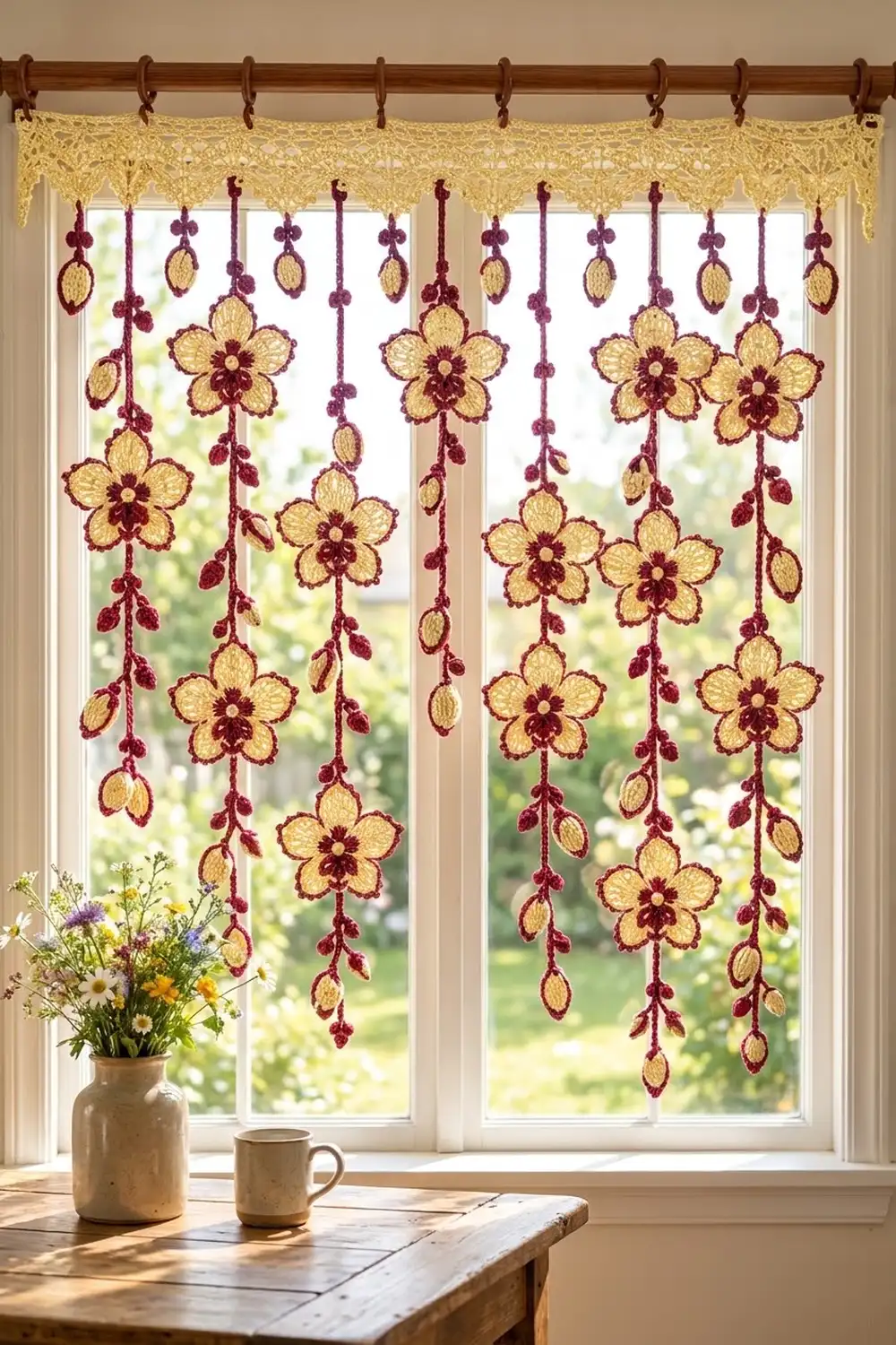 Crocheted flower window hanging with cream and burgundy flowers suspended over a bright window beside fresh flowers.