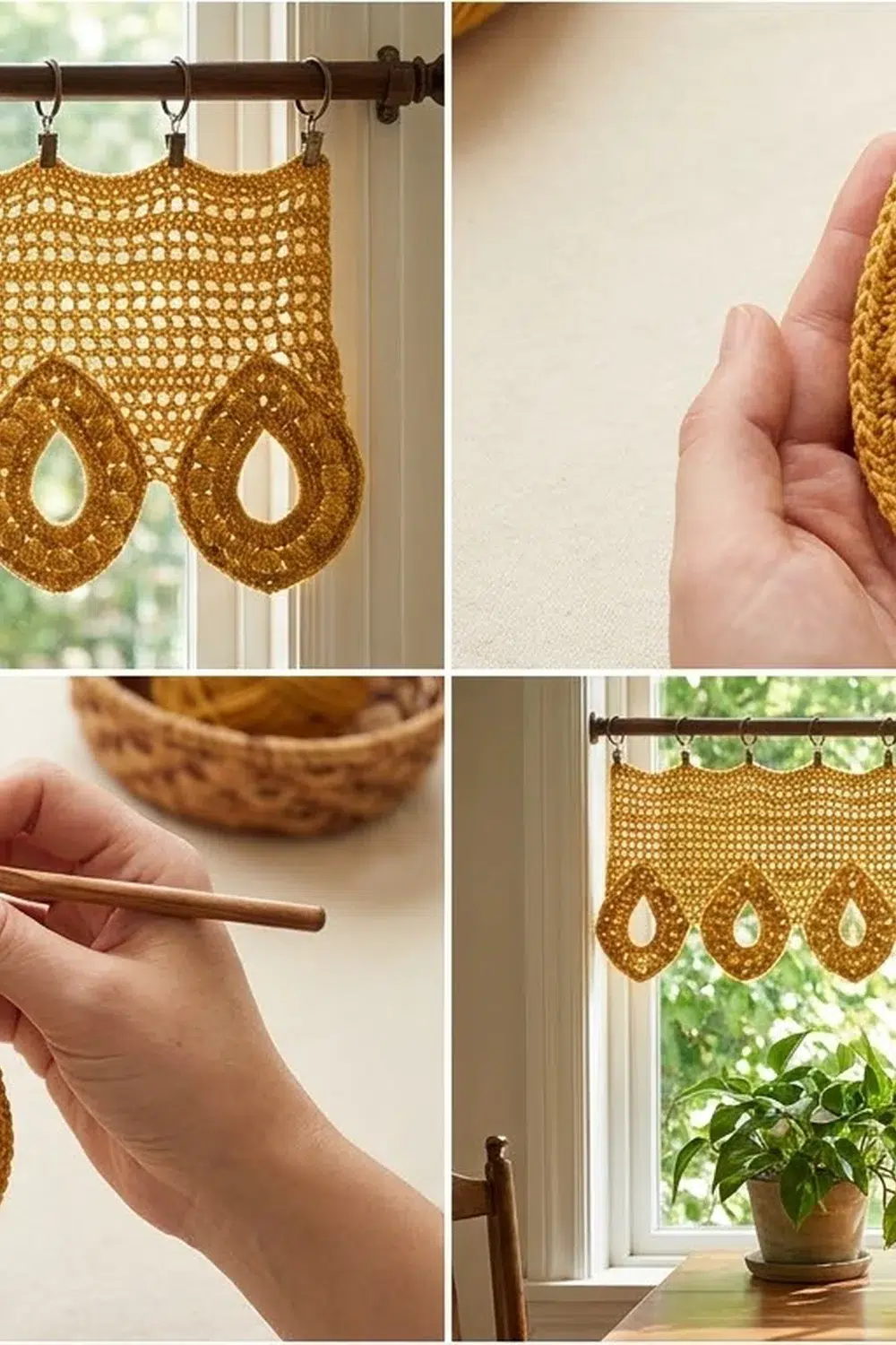 Golden crocheted lace curtain valance with teardrop cutouts hanging from a brown rod on a sunny window.