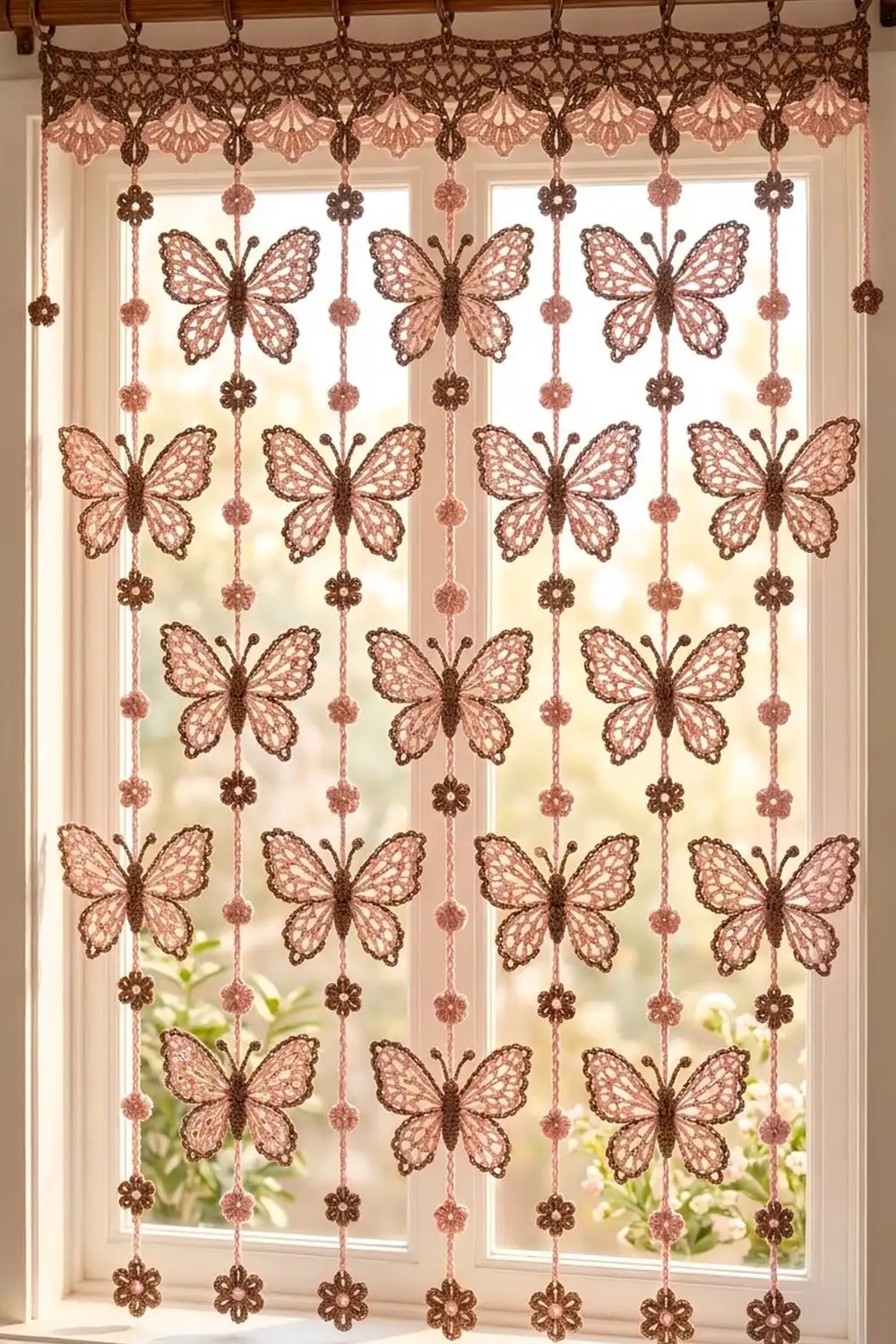A delicate lace butterfly curtain in brown and pink hangs decoratively in a bright window.