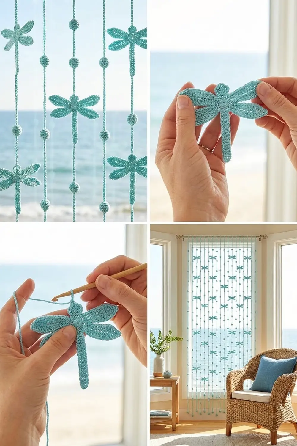 Crocheted teal dragonfly garland with beaded strings hanging in a bright coastal window.