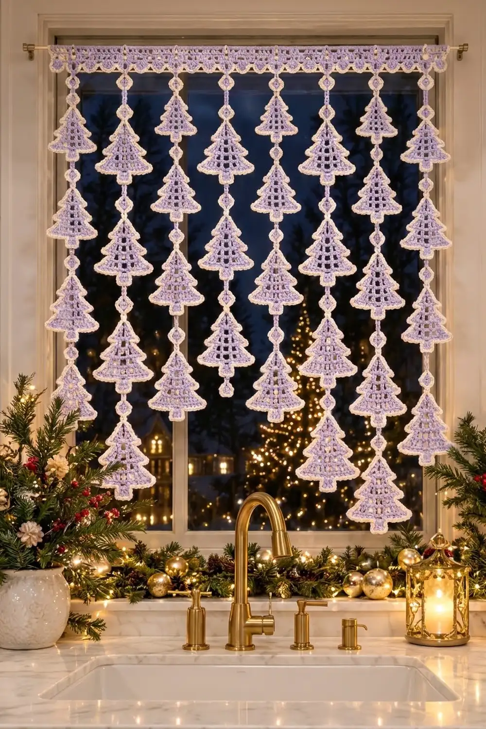 Lavender crocheted Christmas tree curtain hanging in a kitchen window above a sink with gold faucet and holiday greenery.
