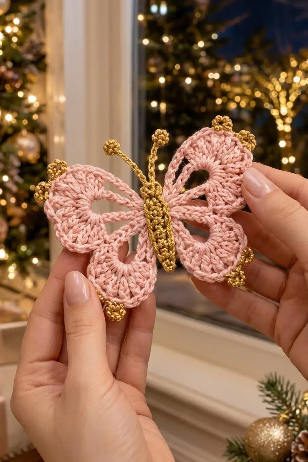 A hand holding a pink crocheted butterfly ornament with gold details against a festive holiday window backdrop.