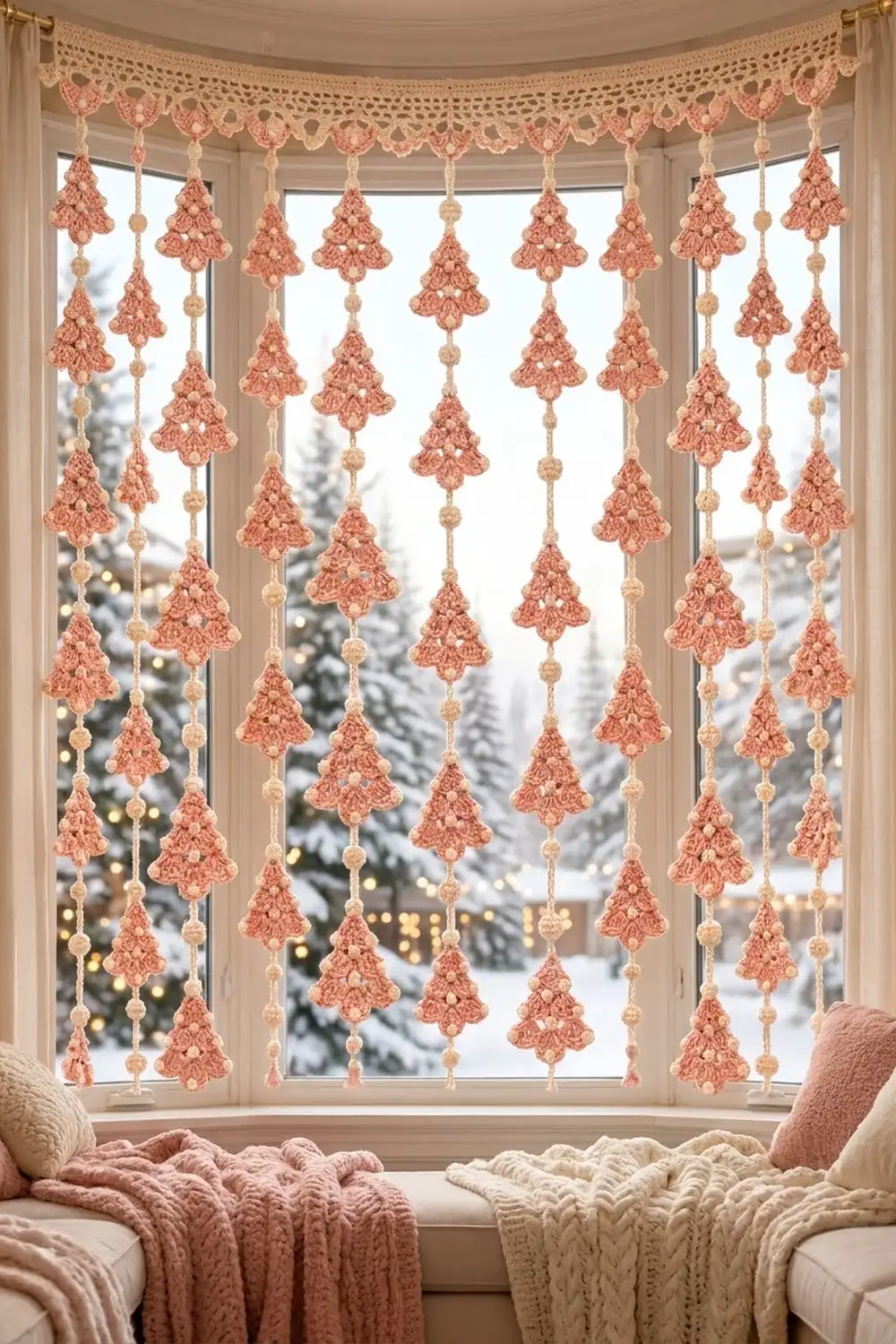 Crocheted pink Christmas tree ornaments hang from a lace valance across a bay window overlooking snowy landscape.
