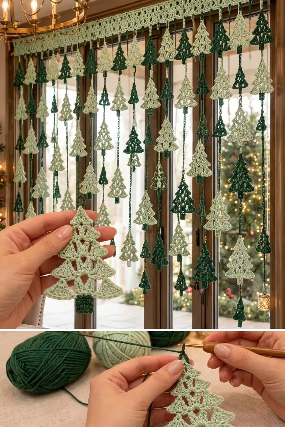 Crocheted green and cream Christmas tree ornaments hanging in a window display with holiday decorations.