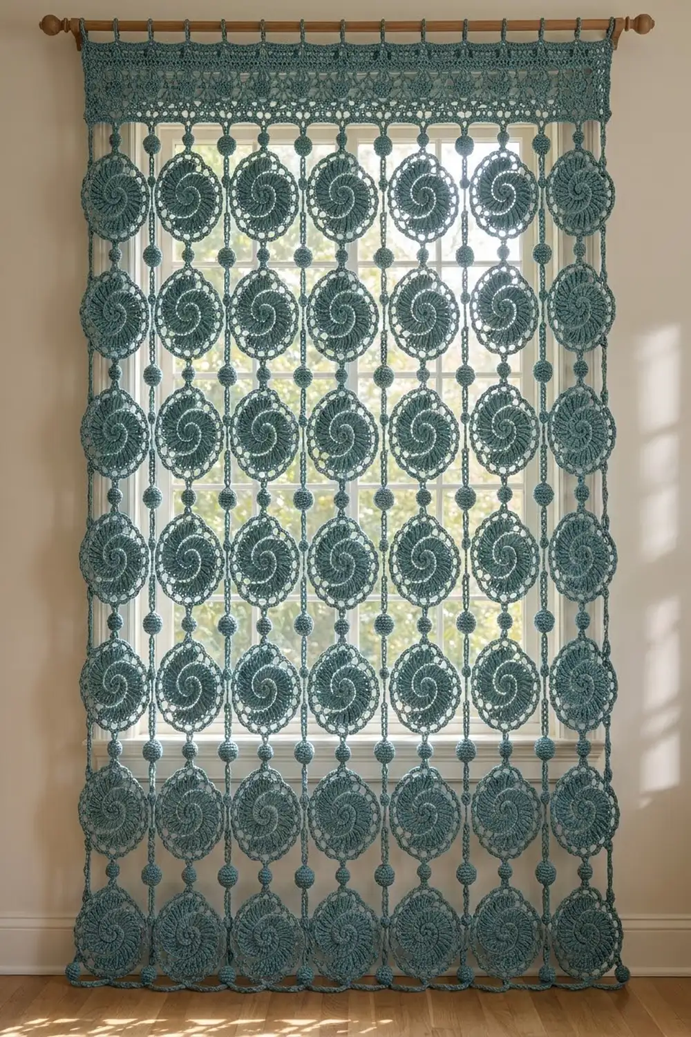 A teal crocheted curtain with spiral medallion motifs hangs from a wooden rod in front of a sunlit window.