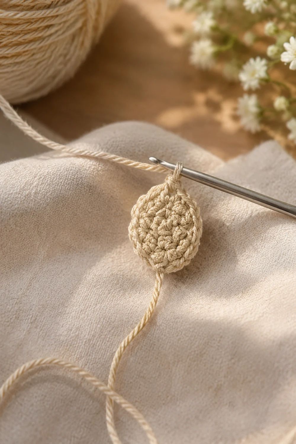 A small crocheted beige oval ornament on natural twine displayed on cream fabric with a crochet hook nearby.