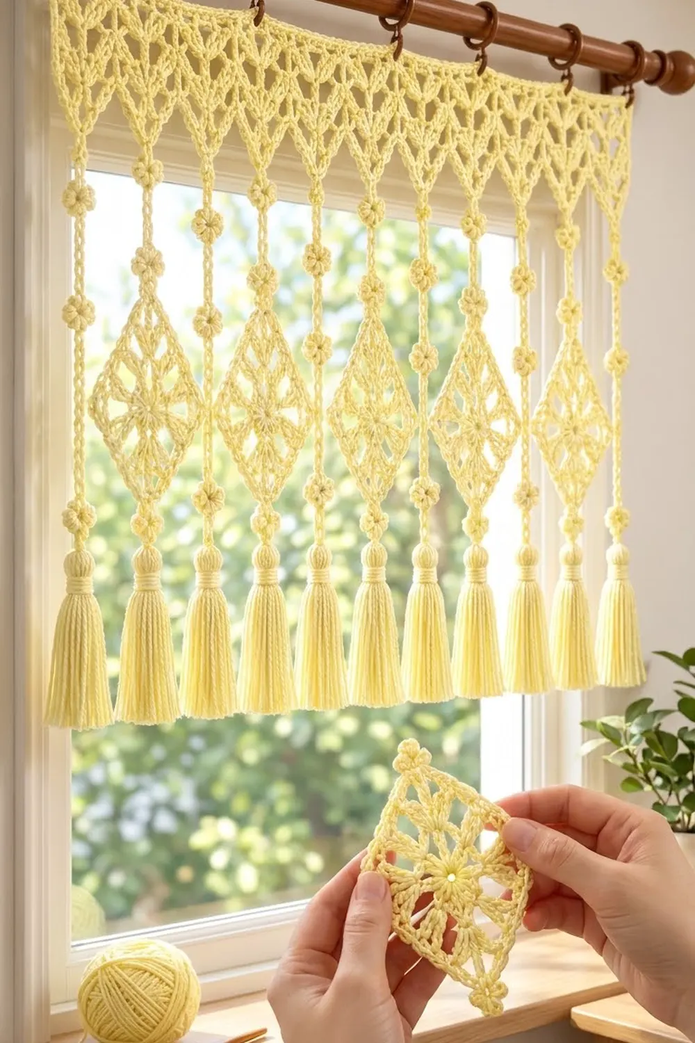A person holds a yellow crocheted diamond motif in front of a matching macramé curtain with tassels hanging in a sunlit window.