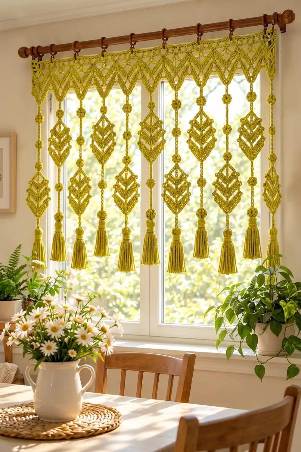 A chartreuse macramé window curtain with diamond patterns and tassels hangs above a sunny kitchen window with potted flowers.