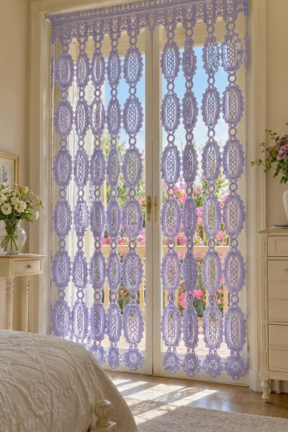 Purple lace beaded curtains hanging on glass doors in a cream bedroom with flowers and furniture visible.