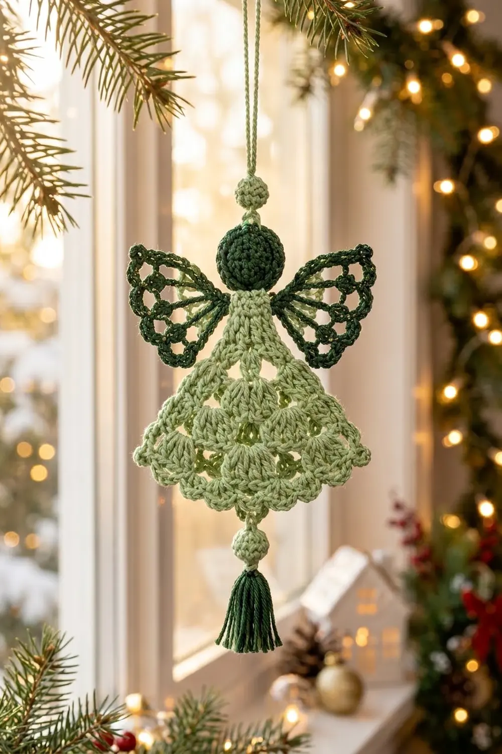 A crocheted green angel ornament with lace wings hangs in a window amid evergreen garland and twinkling lights.