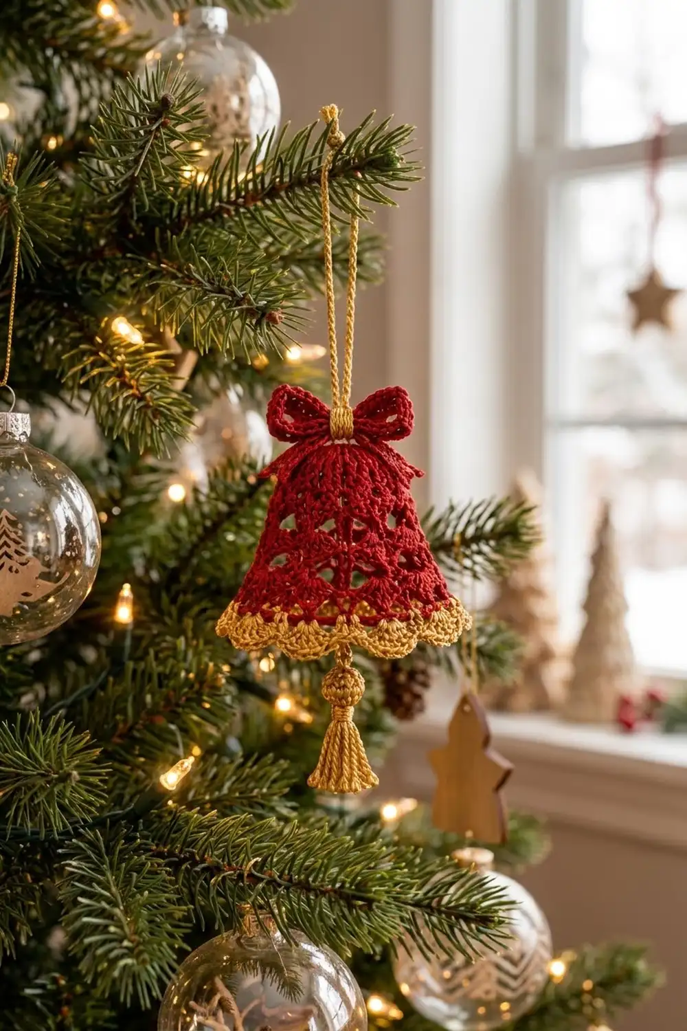 A red and gold crocheted bell ornament with a bow hangs from a Christmas tree branch among evergreen needles and lights.