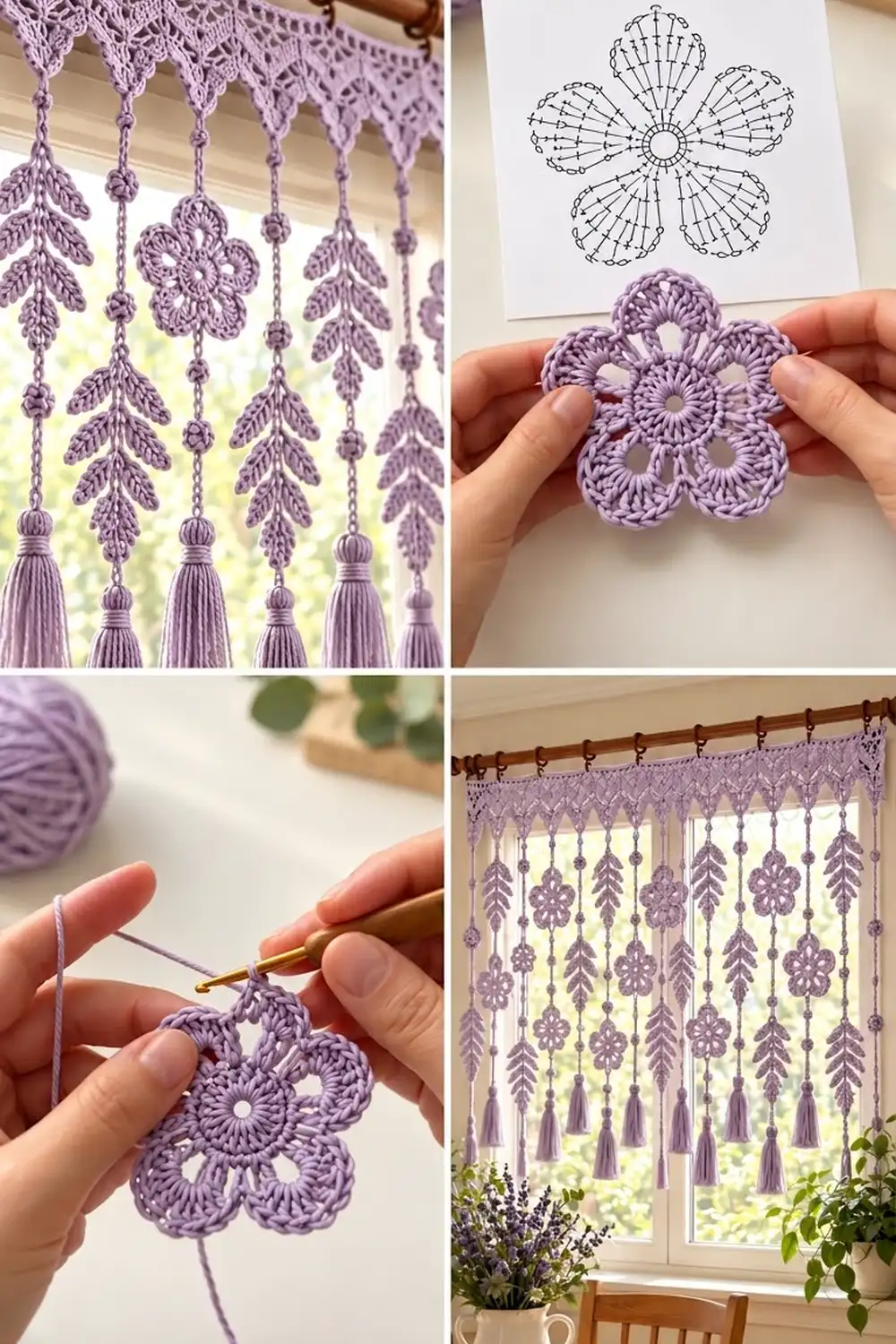 A crocheted lavender flower motif displayed as a decorative window curtain with hanging strands and tassels.