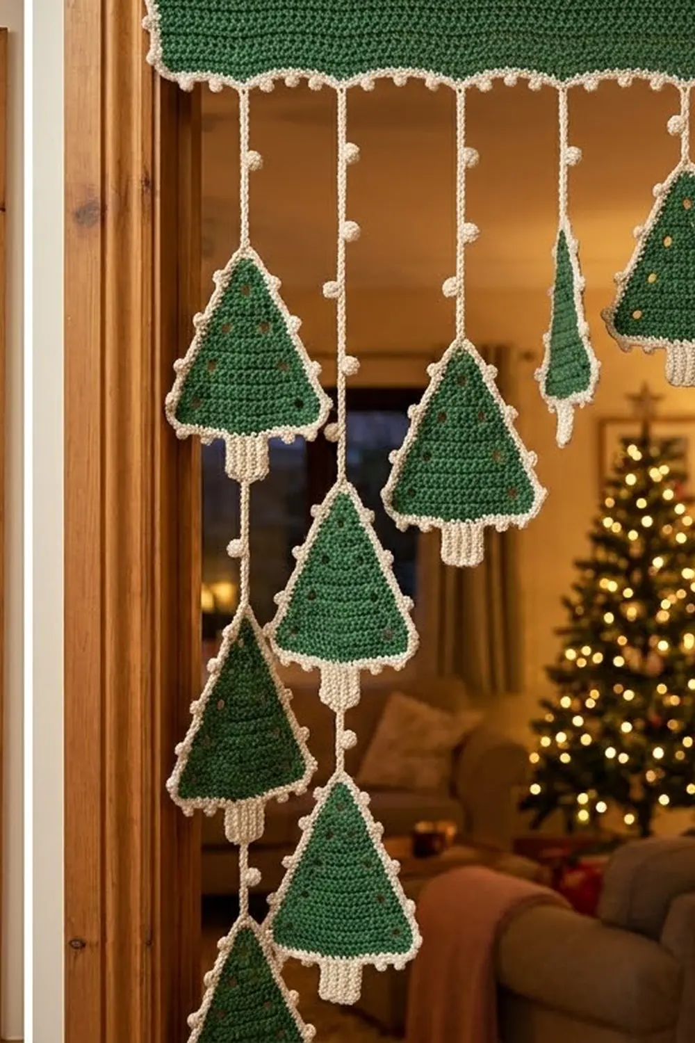 Crocheted green and cream Christmas tree garland hanging in a doorway with holiday decorations visible inside.