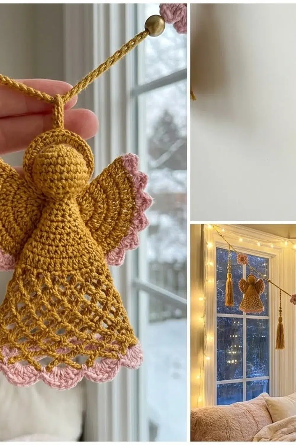 A crocheted golden angel ornament with pink wings and details hangs in a snowy window display with warm lights.