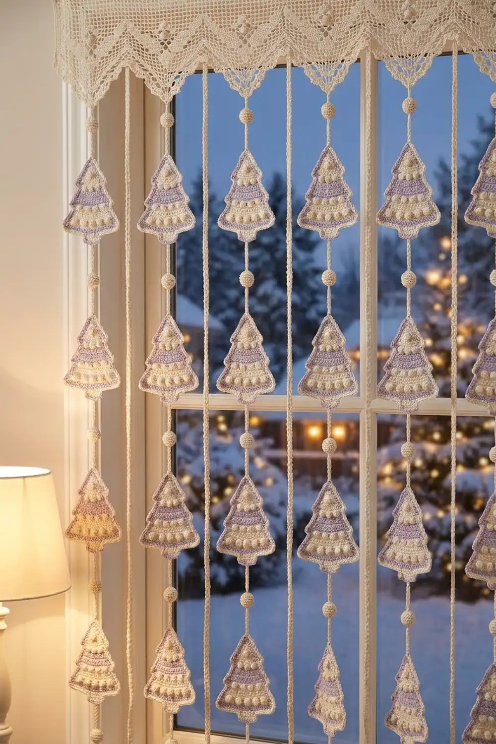 Crocheted Christmas tree garland with cream and lavender ornaments hanging in a twilight window.