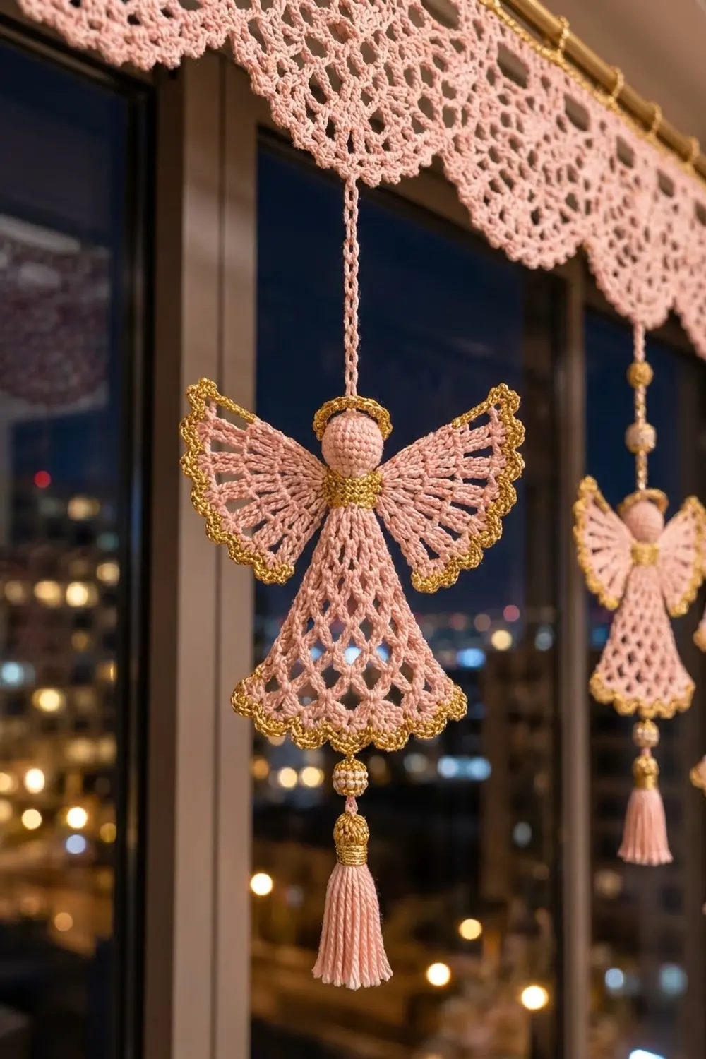 Crocheted pink and gold angel ornaments hanging from a lace doily in a window overlooking city lights.