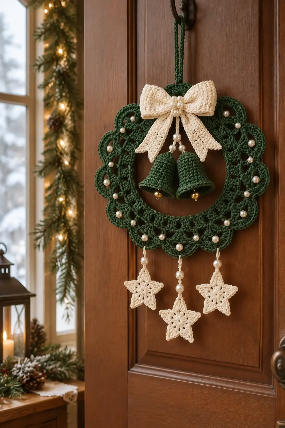 Crocheted green wreath with cream bow and bells hanging on brown wooden door beside lit garland.