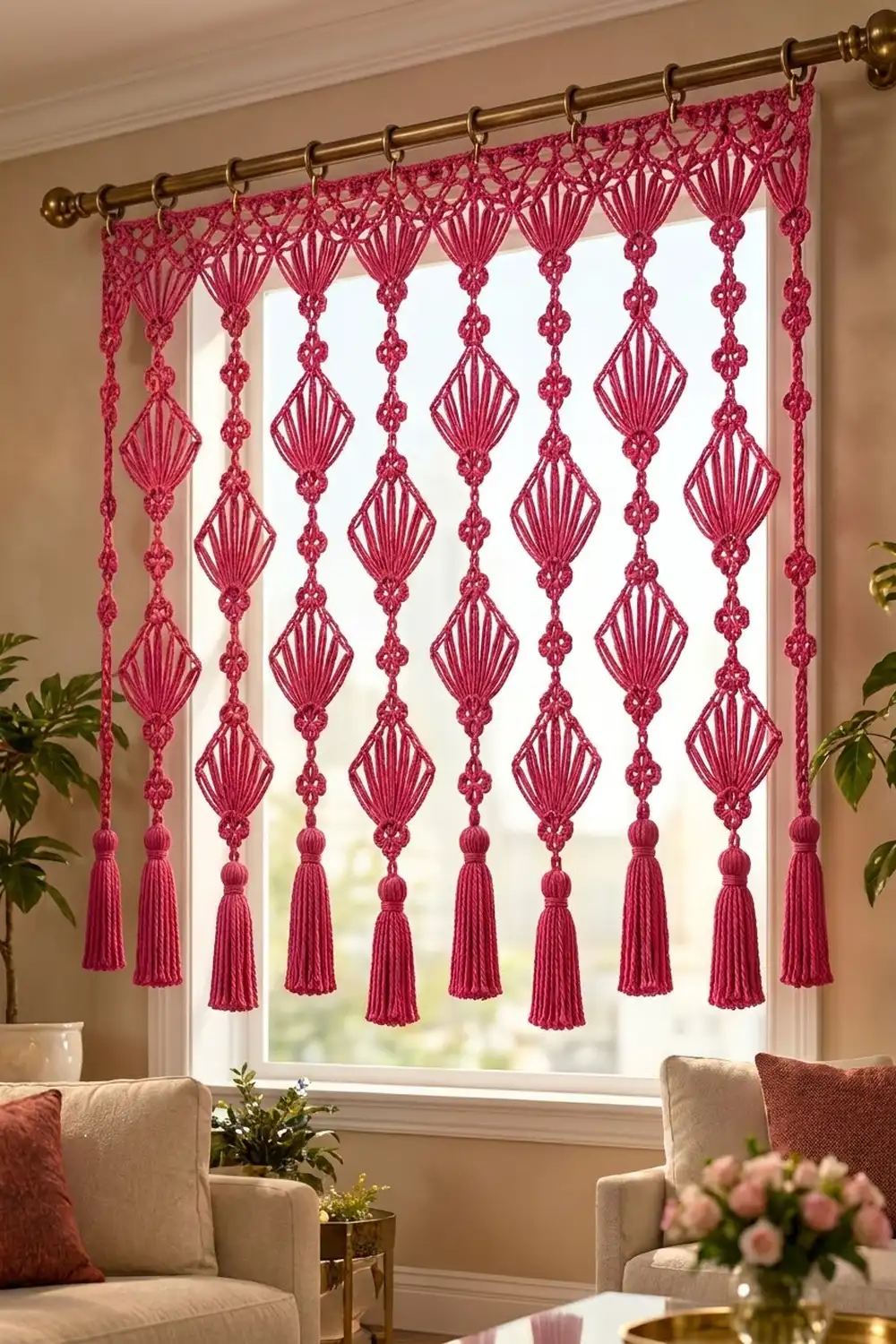 A pink macramé curtain with tassel fringe hangs from a brass rod over a window in a beige living room.