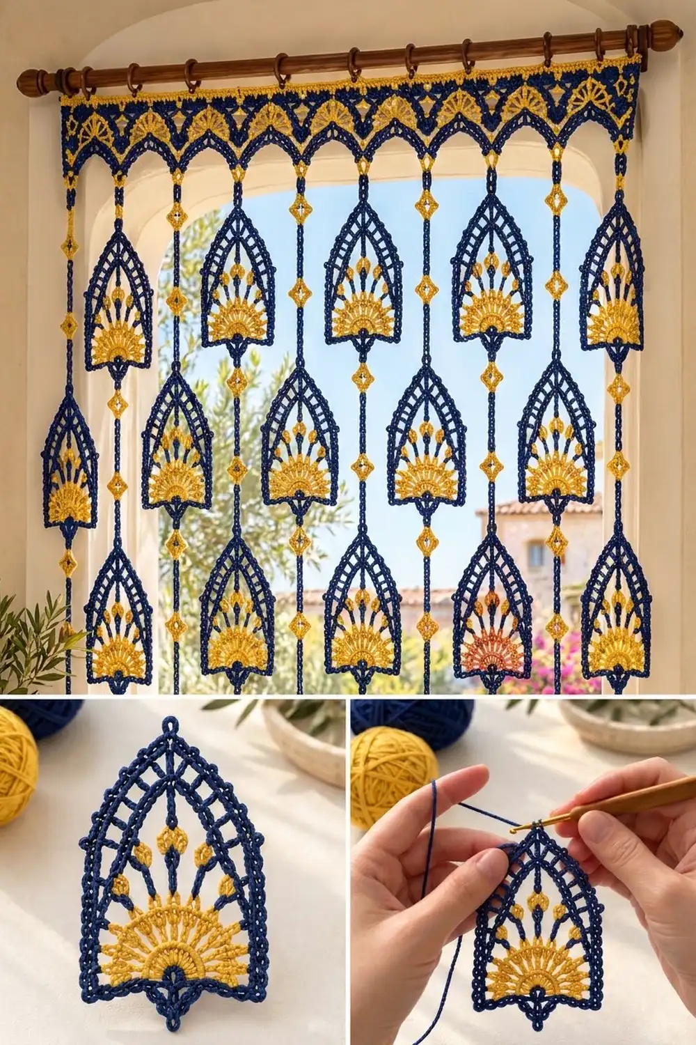 Navy blue and gold crocheted lace curtain valance with ornamental motifs hanging on wooden rod before window.