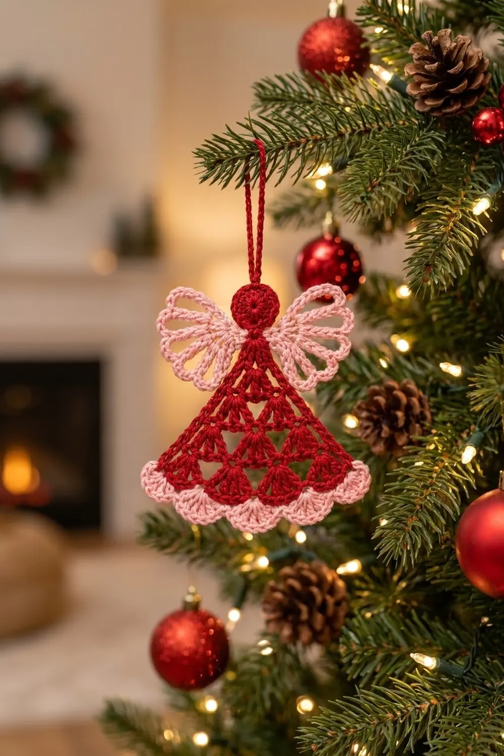 A crocheted red and pink angel ornament hanging from evergreen branches among baubles and lights.