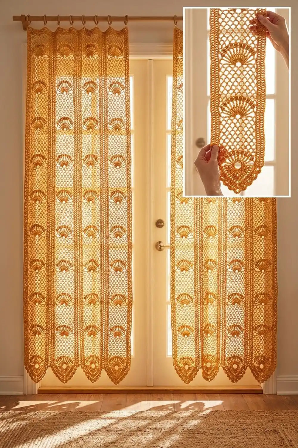 Crocheted gold lace curtains with shell motifs hang on a brass rod flanking a wooden door in a sunlit room.