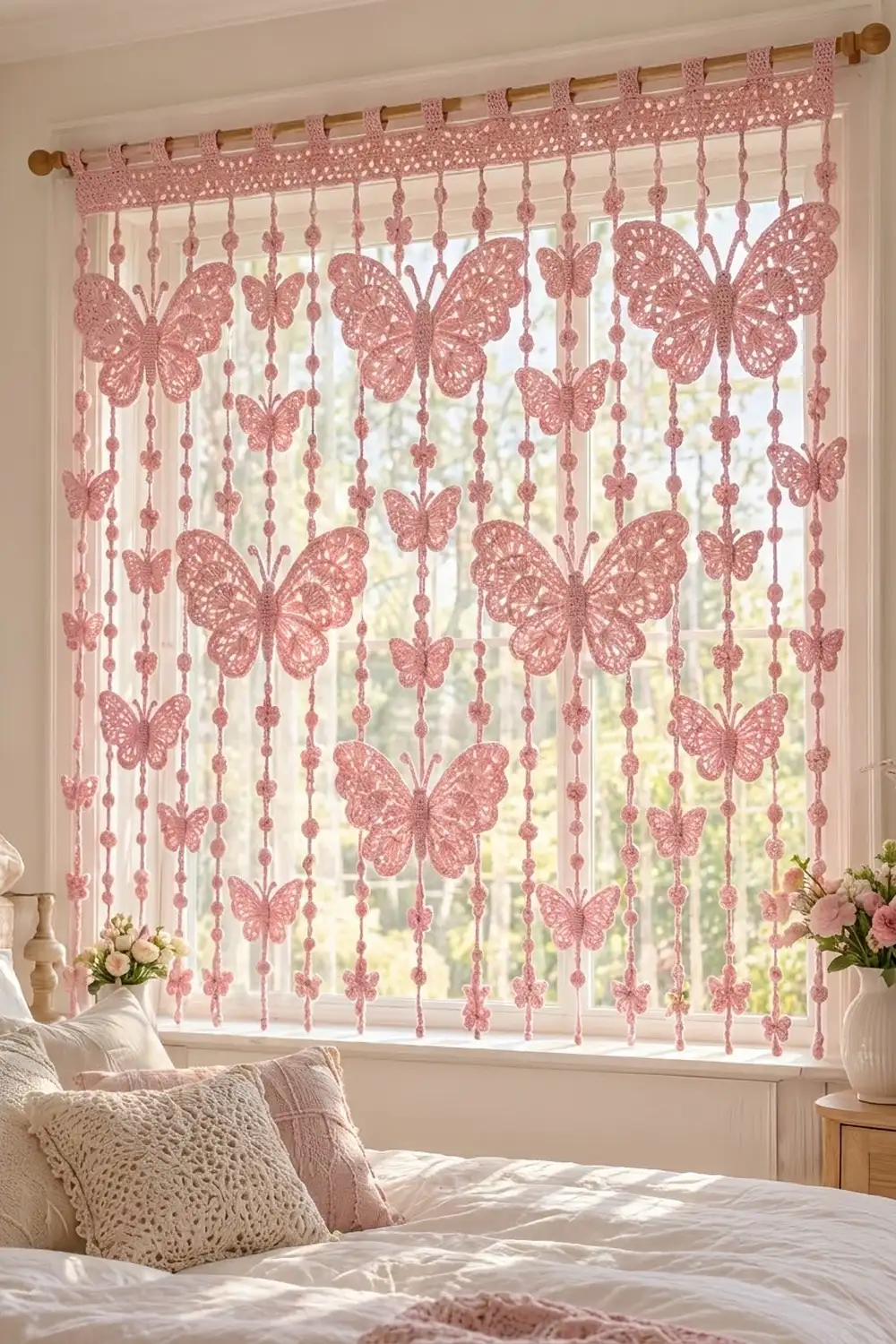 Pink lace butterfly curtain hanging on bedroom window above white bed with pillows and flowers.