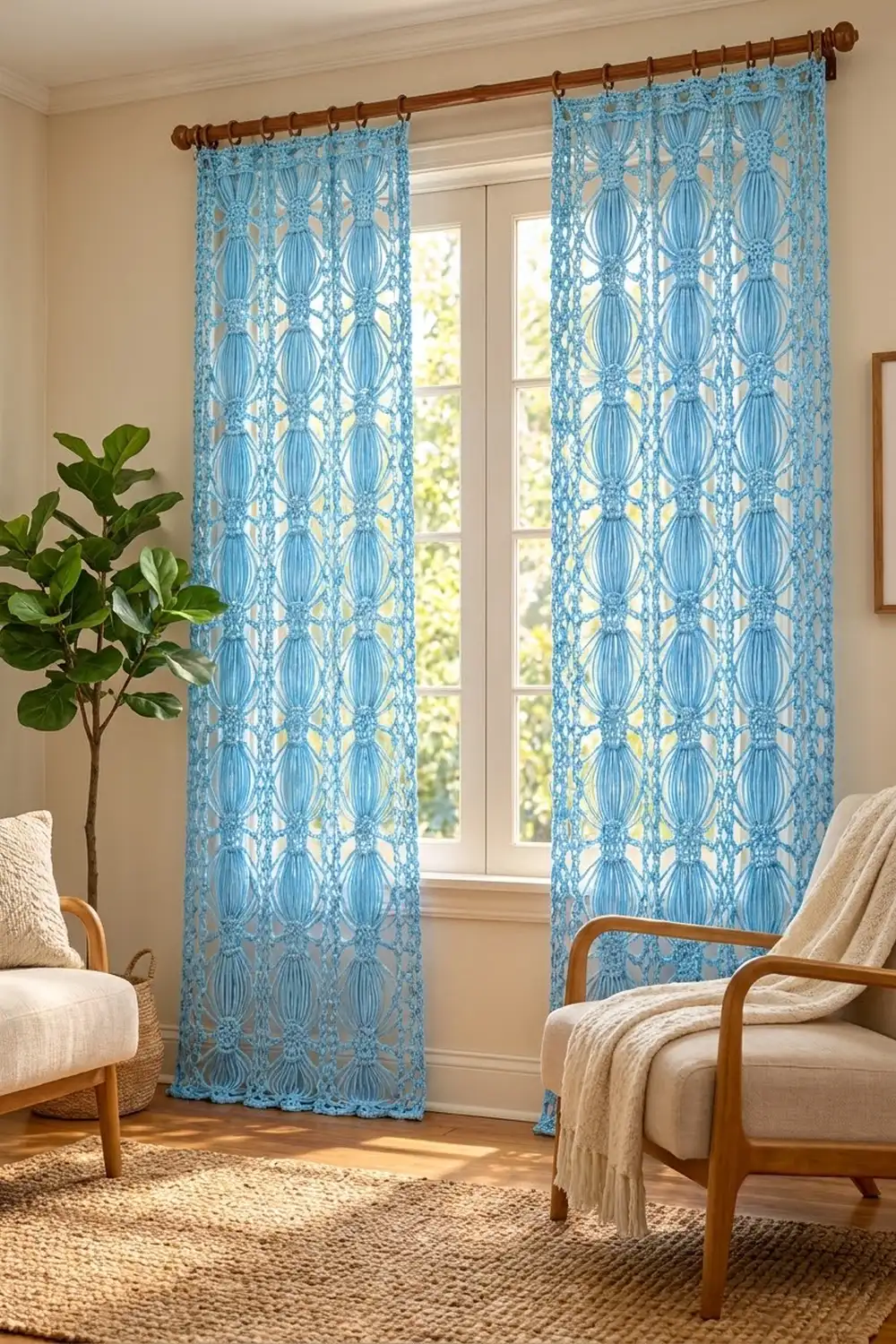 Blue patterned lace curtains hang from a wooden rod flanking French doors in a bright, modern living room with mid-century furniture.