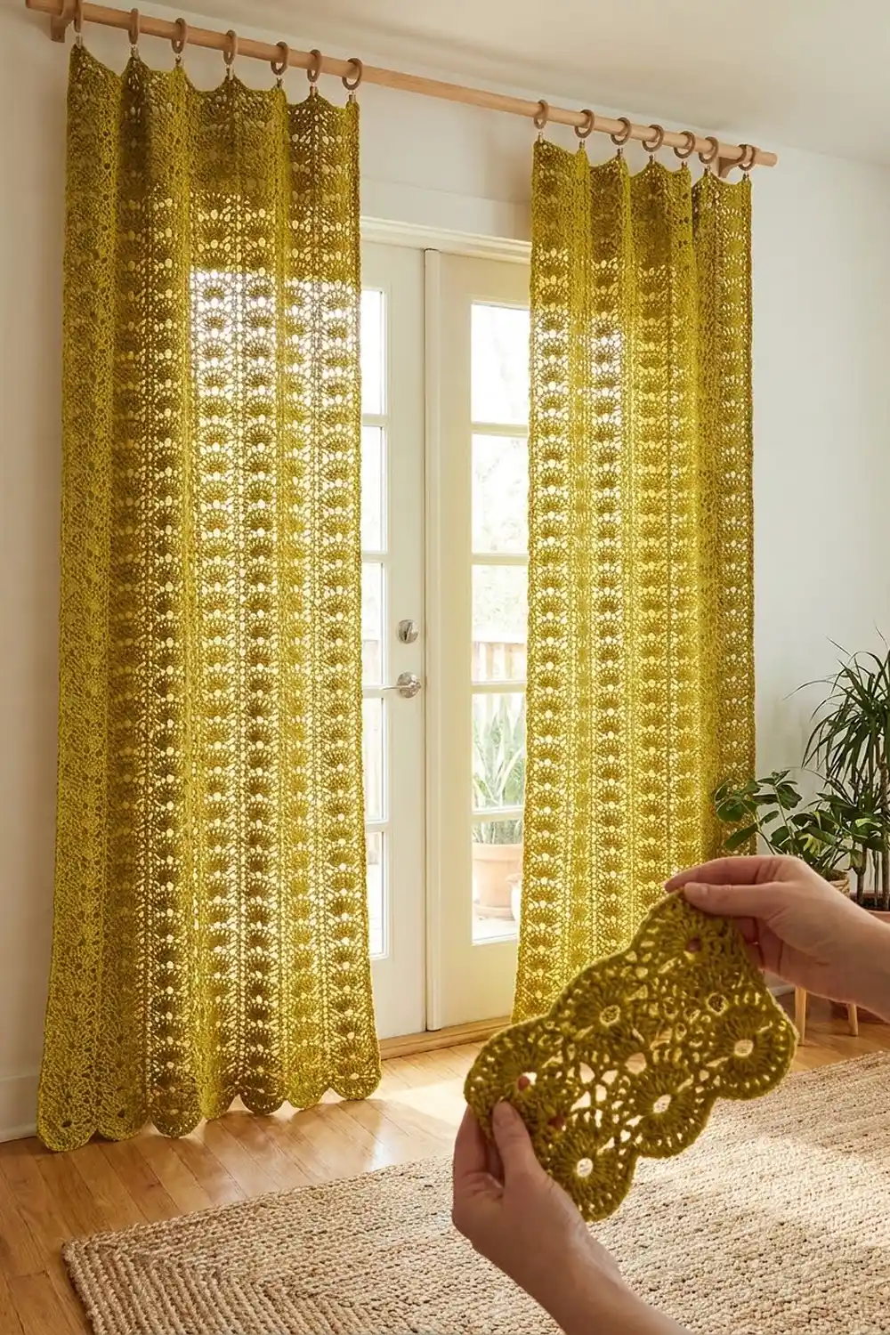 Hand holding a chartreuse crocheted curtain panel with scalloped edges, matching panels hanging on windows.