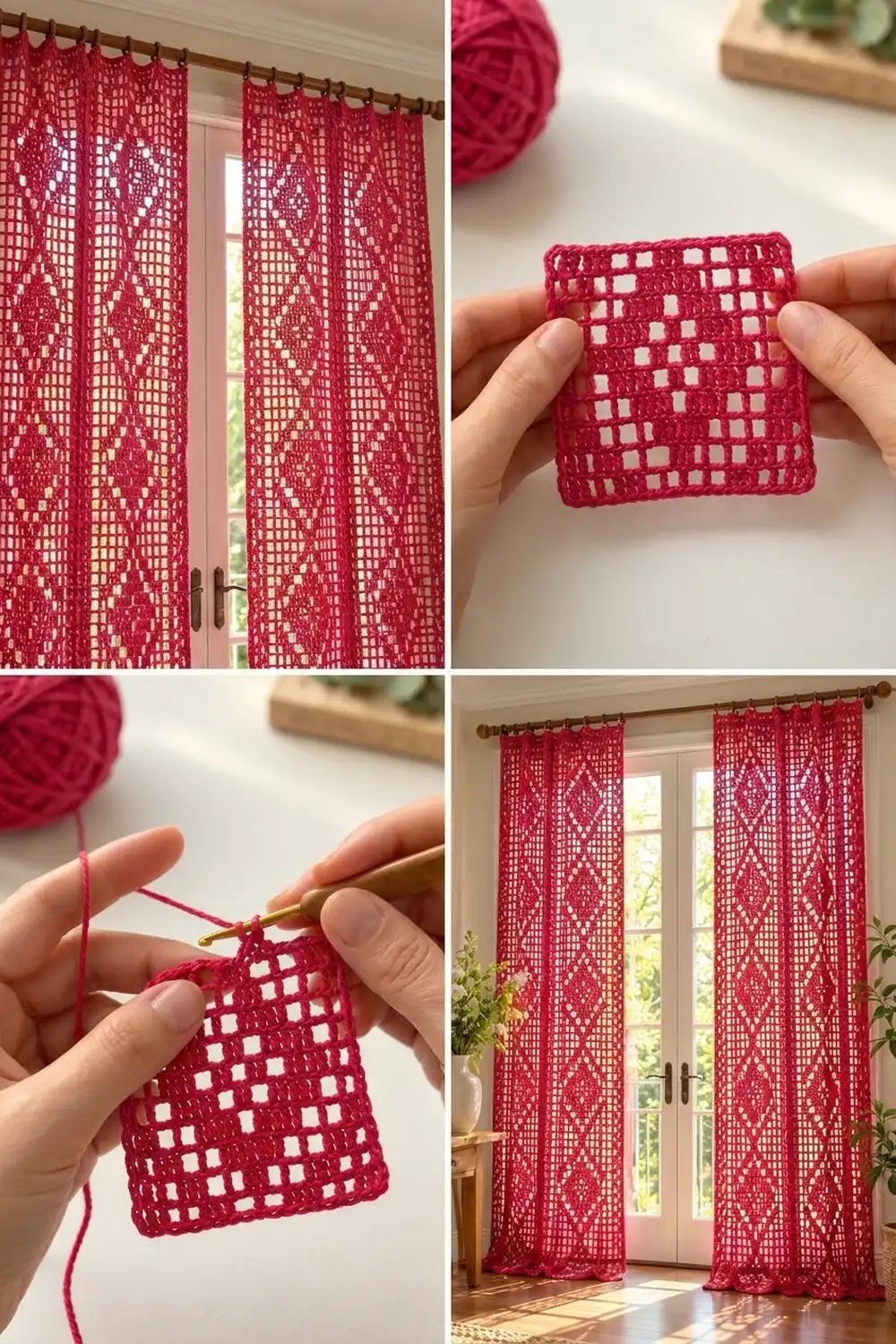 Red lace crochet curtains shown from crafting to finished installation on window doors with diamond pattern.