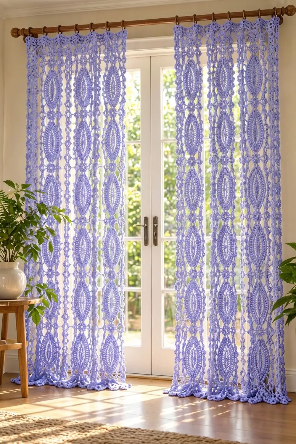 Periwinkle lace curtains with ornate patterns hang from a wooden rod over glass doors, filtering natural light.